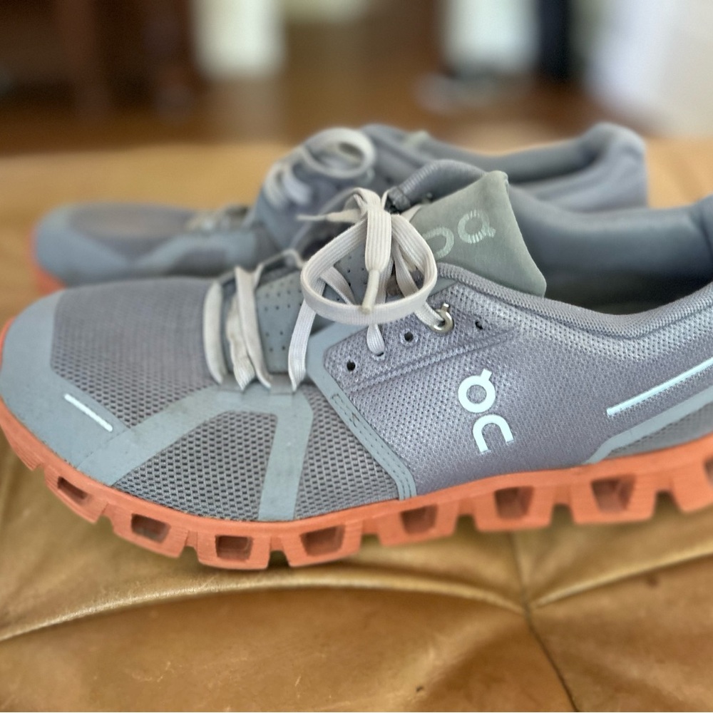 On Running Gray and Coral Athletic Shoes